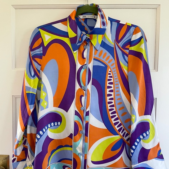 Zara Button Down Blouse Top Long Sleeve Geometric Pucci Print Size XS - Picture 4 of 7